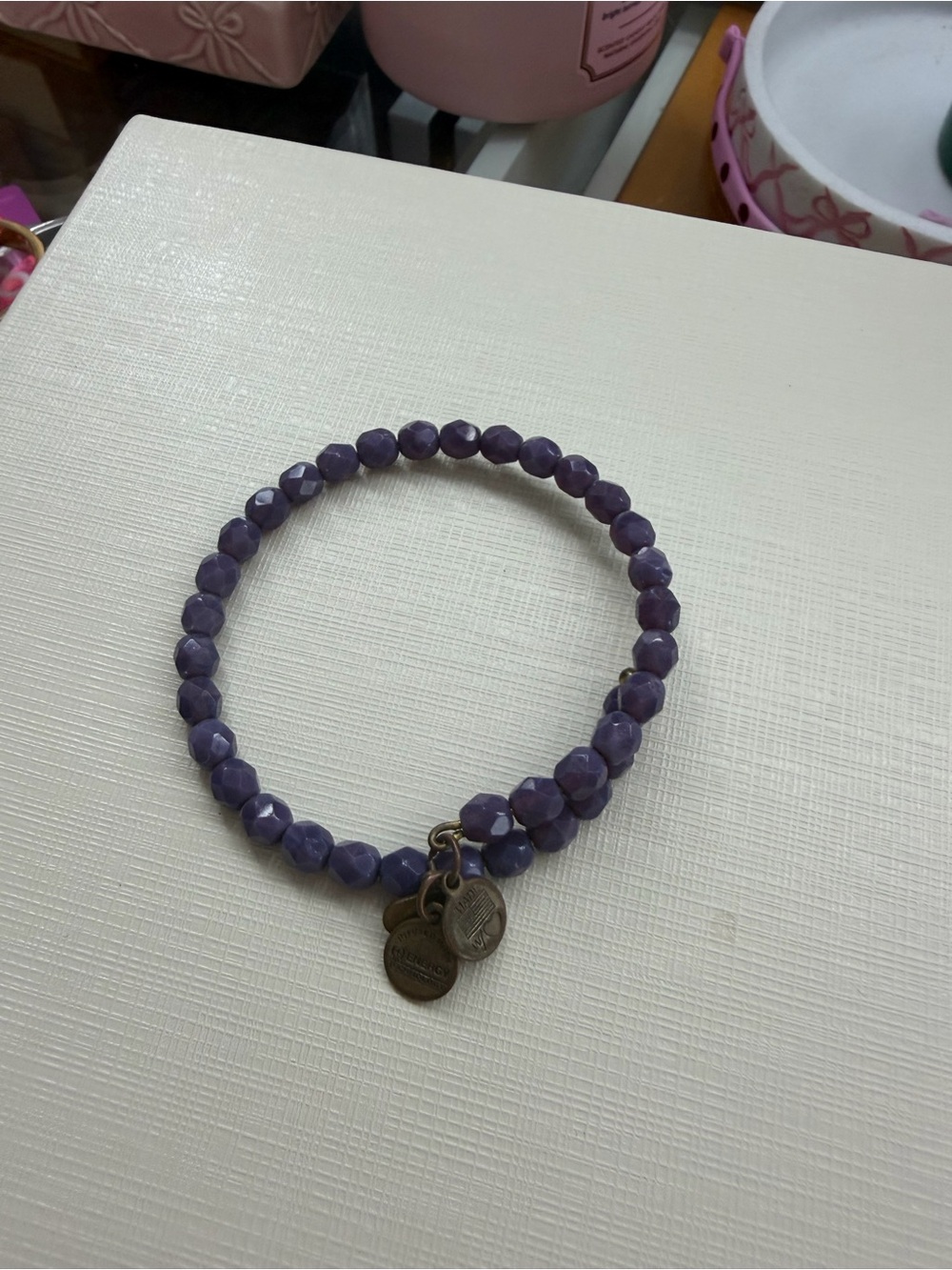 Alex and Ani Purple Faceted Bead Stretch Bracelet with Antique-Gold Charms